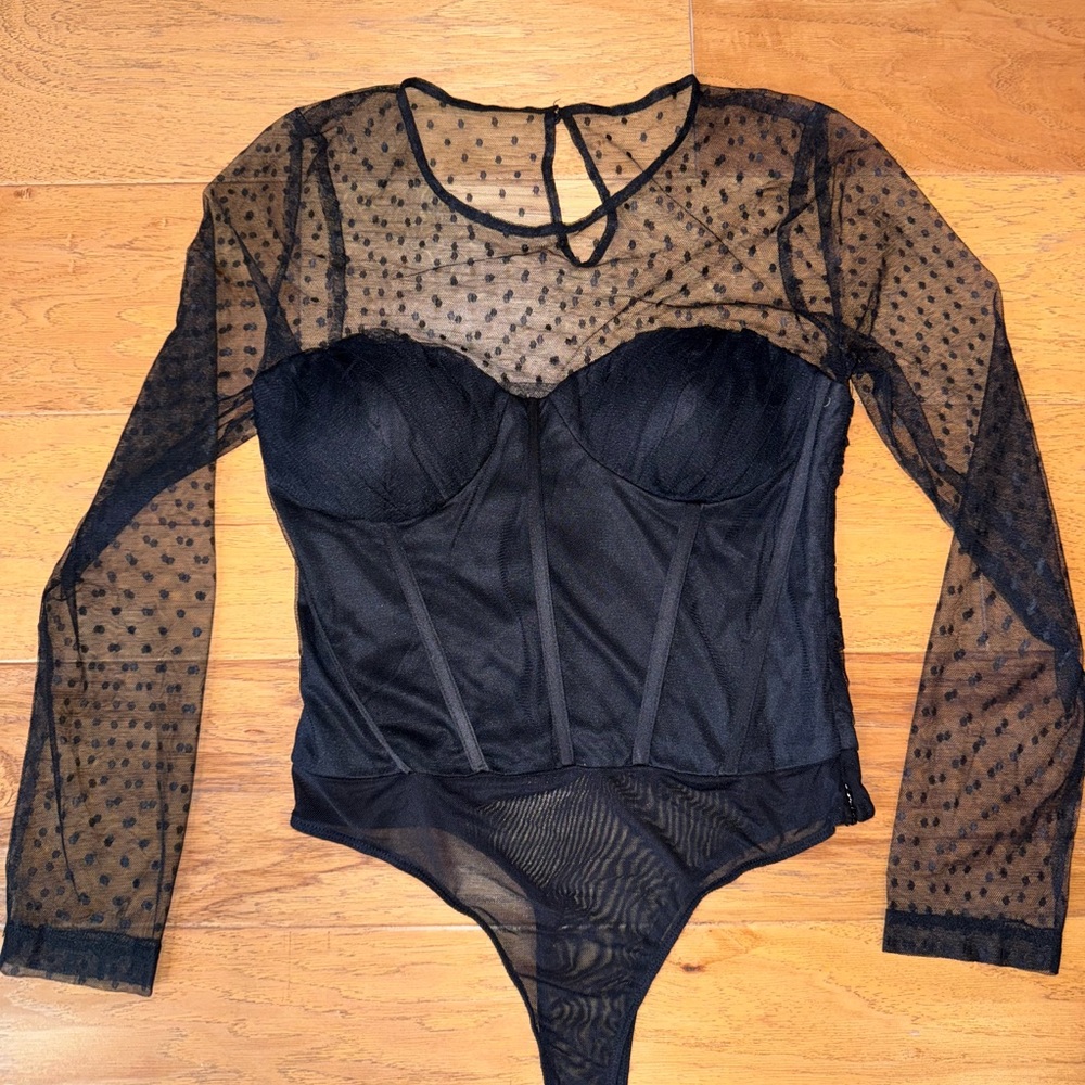 Black Mesh Corset Bodysuit | Long Sleeve Swiss Dot Sheer Top